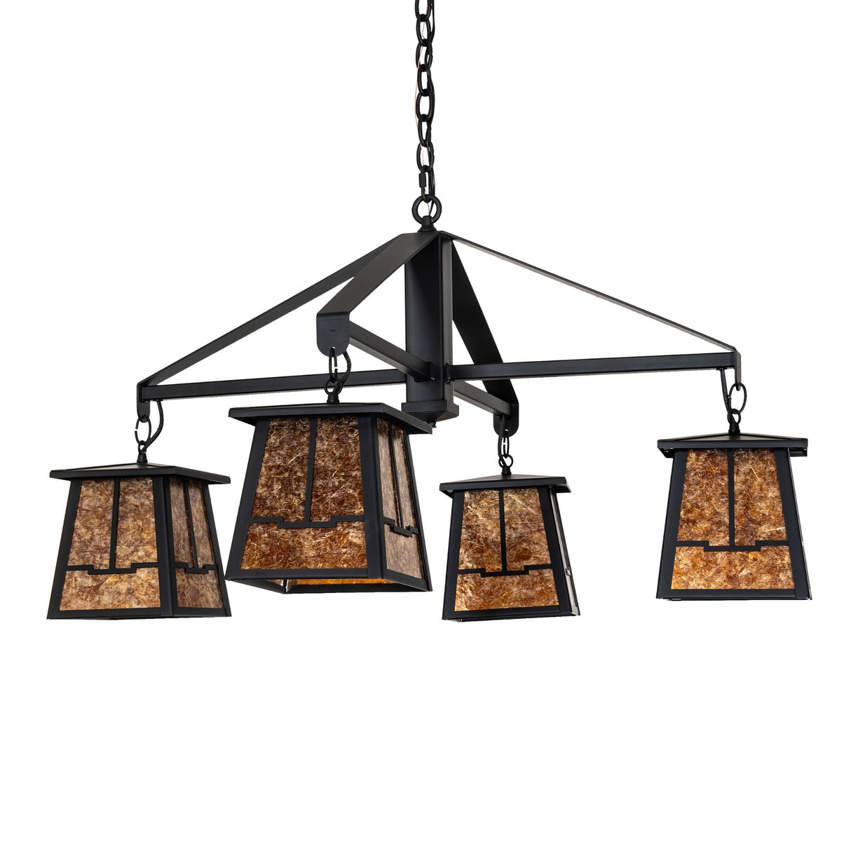 Bungalow valley view four-light chandelier shown unlit with amber mica shades.