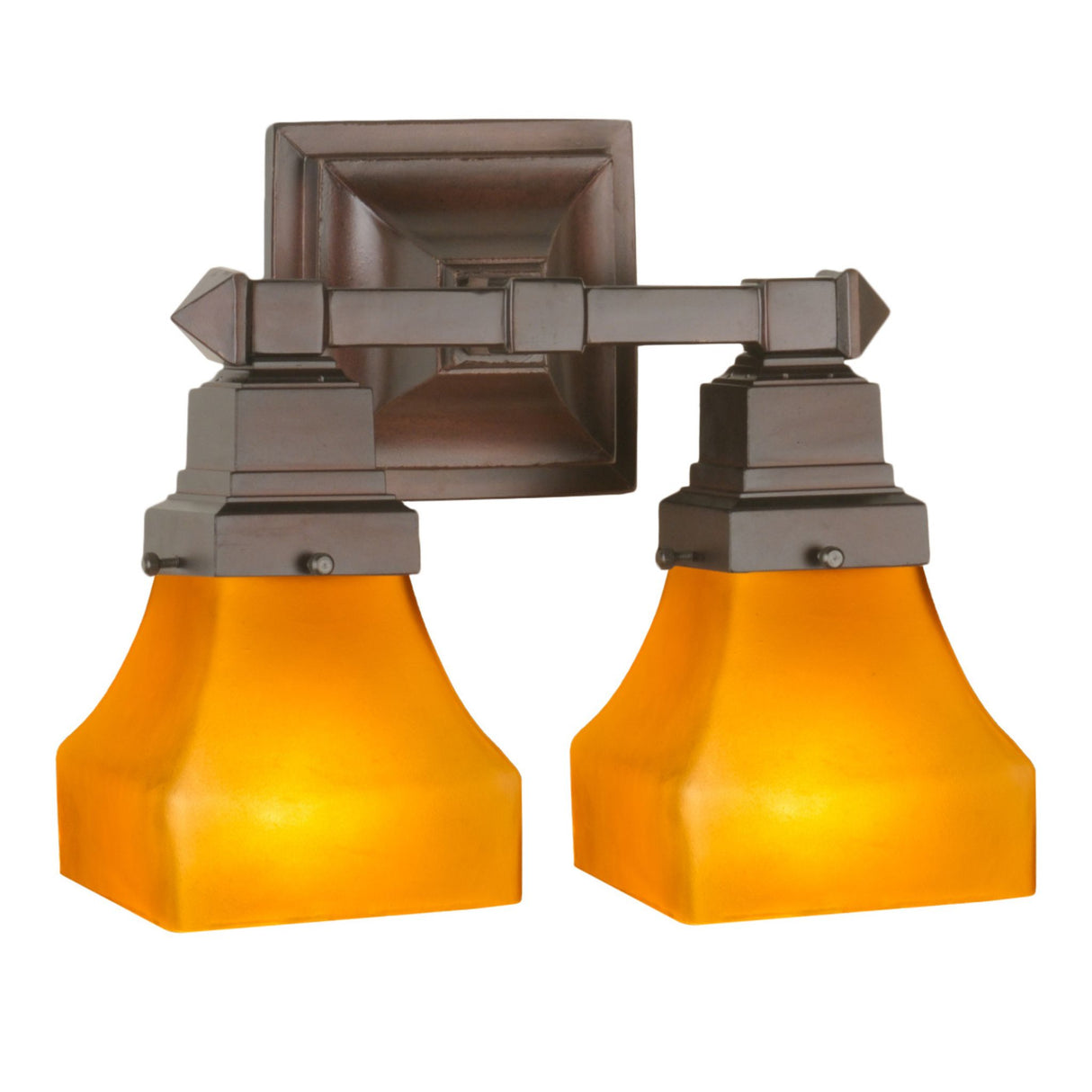 Lit view of the Bungalow Wall Sconce with Frosted Amber glass shades and Mahogany Bronze finish.