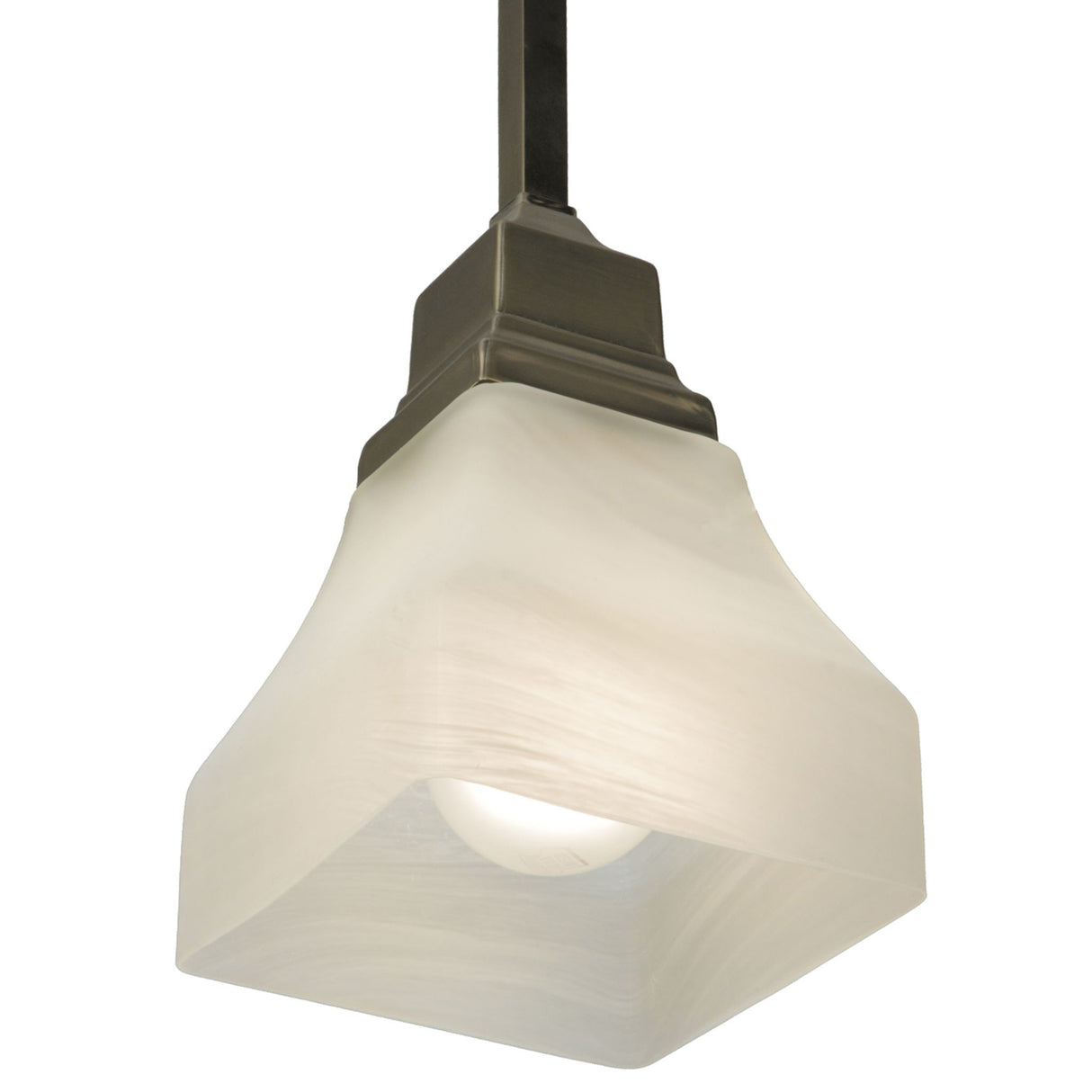 Bottom angle of white alabaster pendant showing inner bulb.