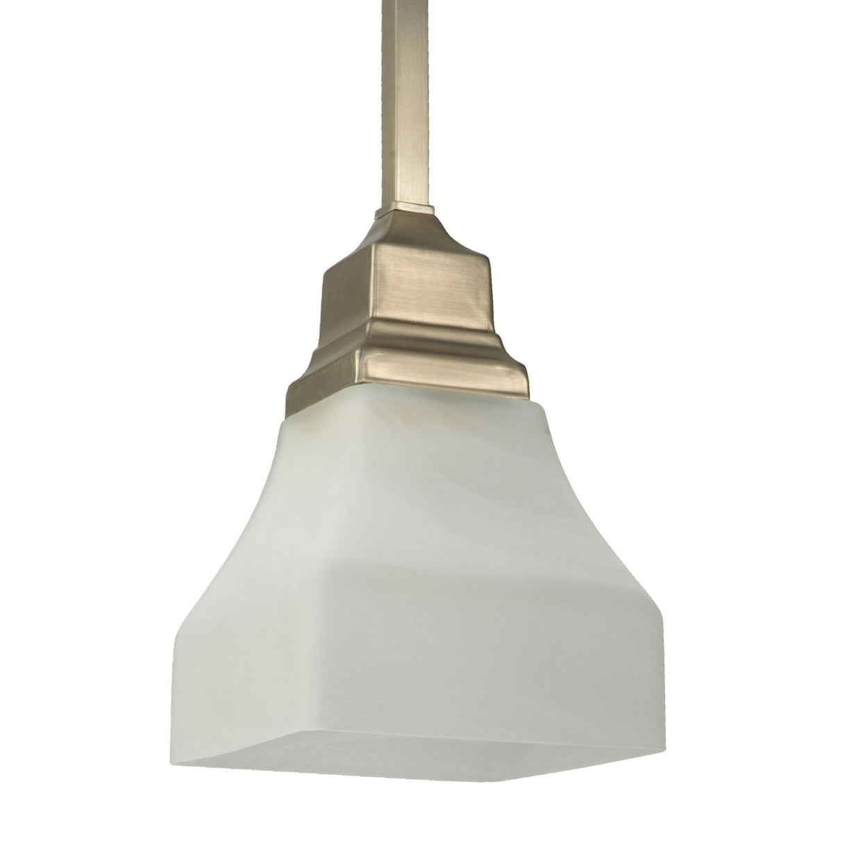 Unlit mini pendant with brushed nickel and alabaster shade.