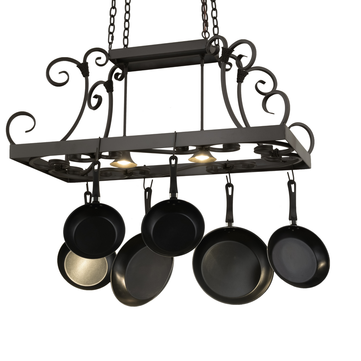Caiden 2-Light pot rack chandelier illuminated with warm downlighting.