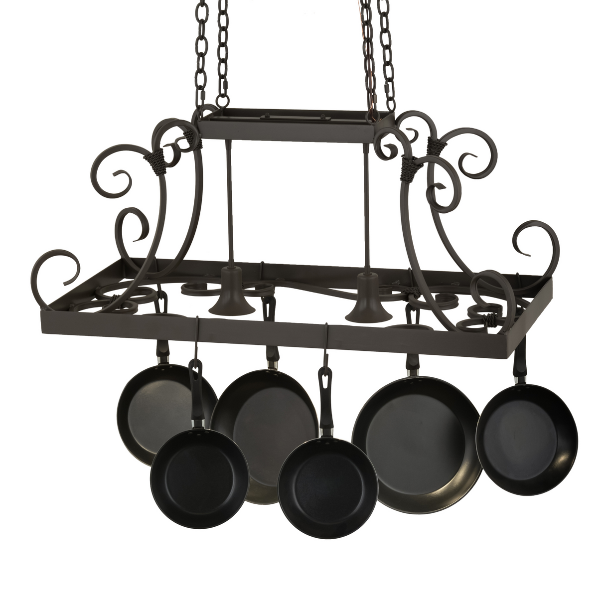 Rear angle of Caiden 2-Light pot rack showing scrollwork details.