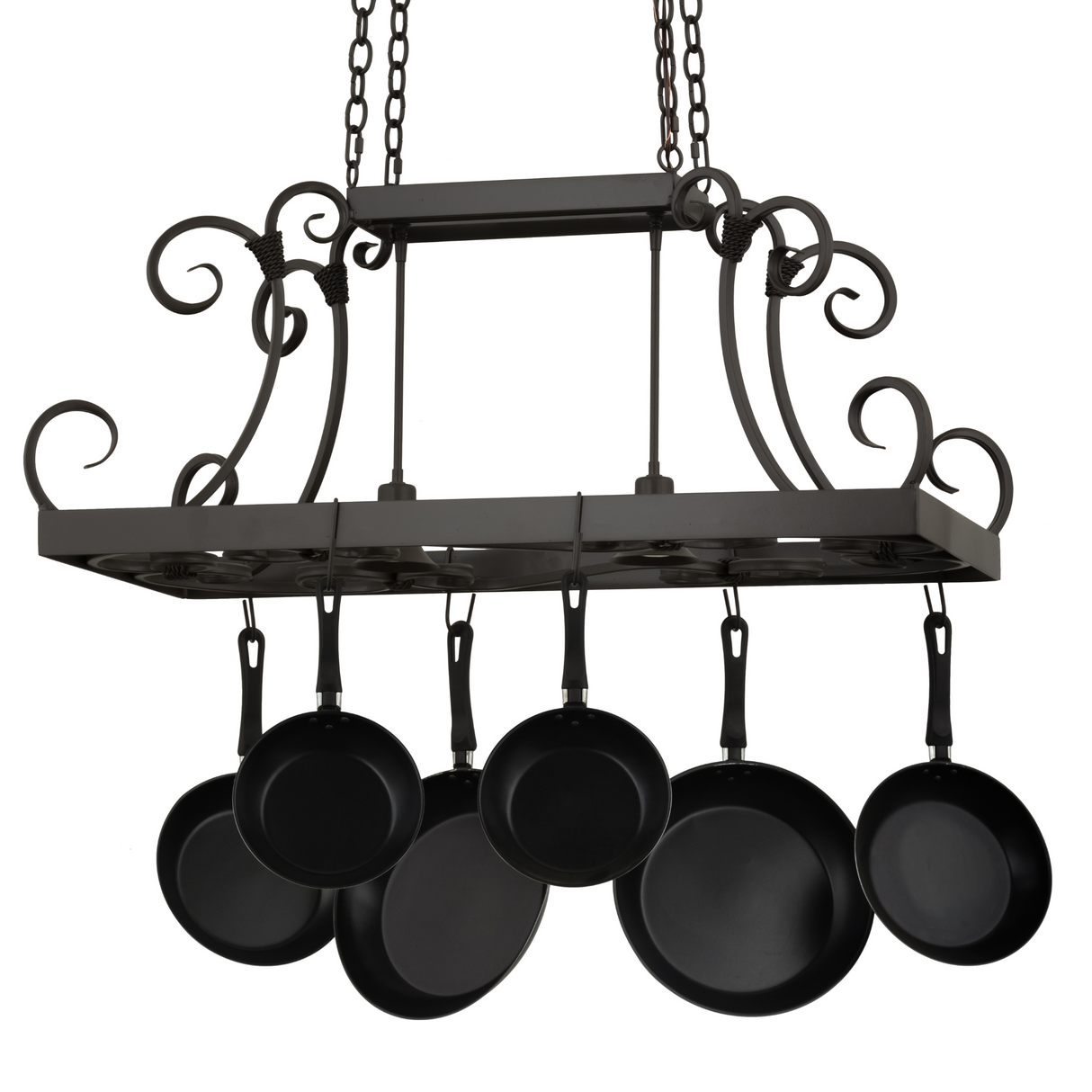 Side angle view of Caiden 2-Light pot rack with bronze finish and cookware.
