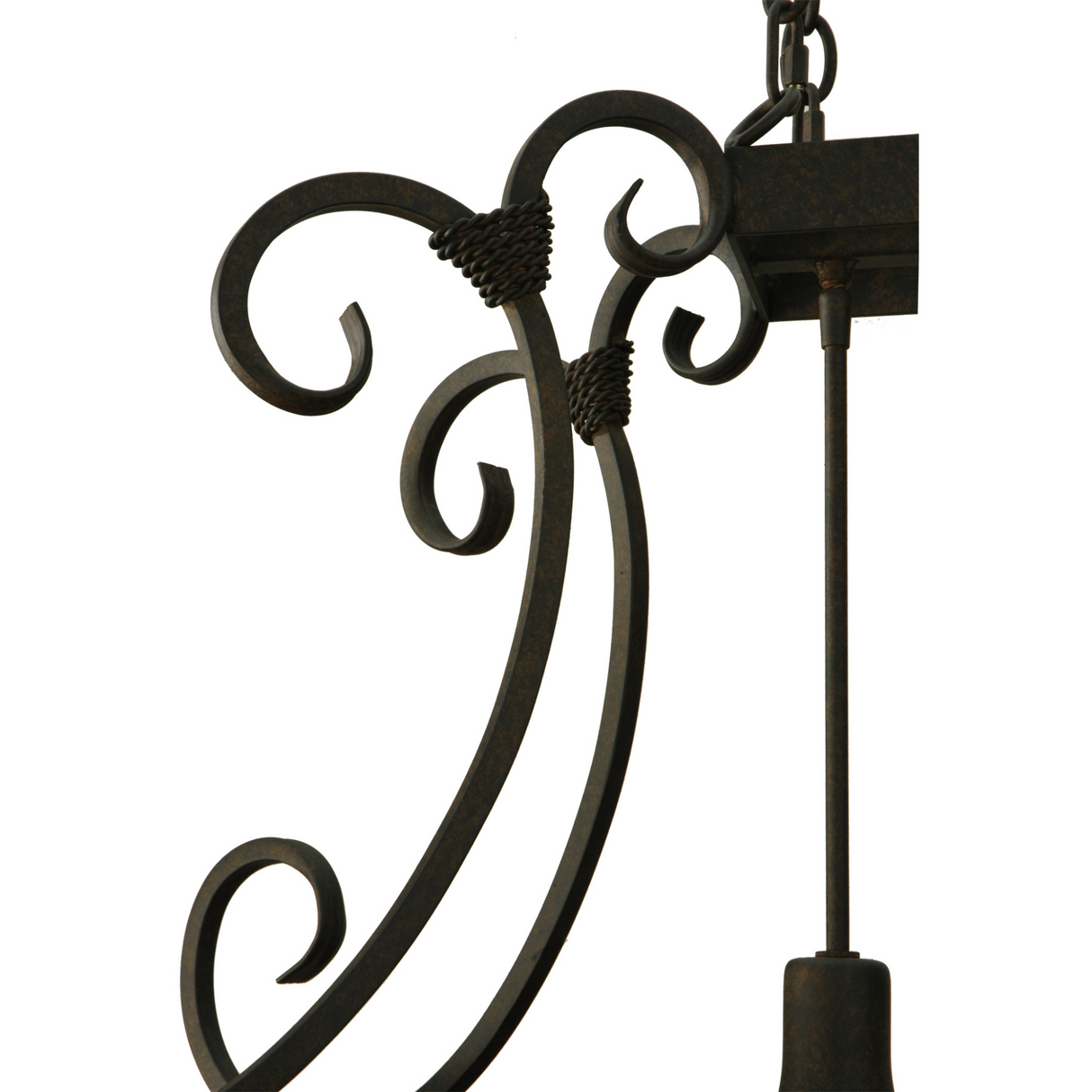 Top scroll and chain attachment detail of Caiden pot rack chandelier.