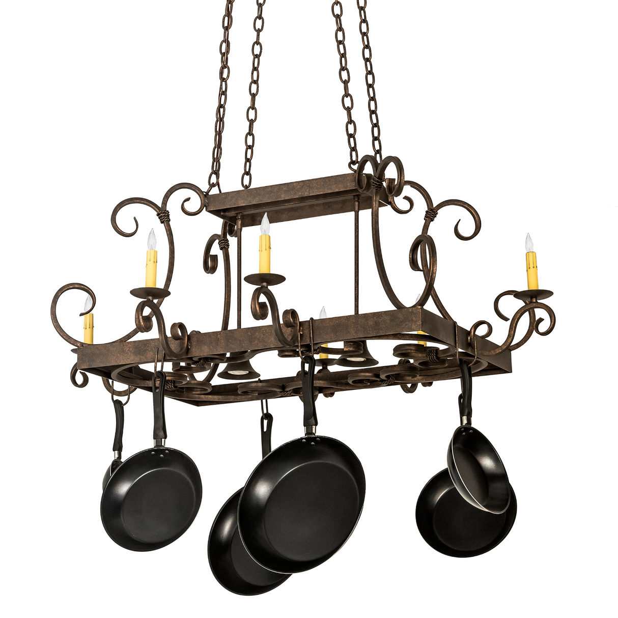 Side angle view of Caiden 6-Light Pot Rack chandelier.