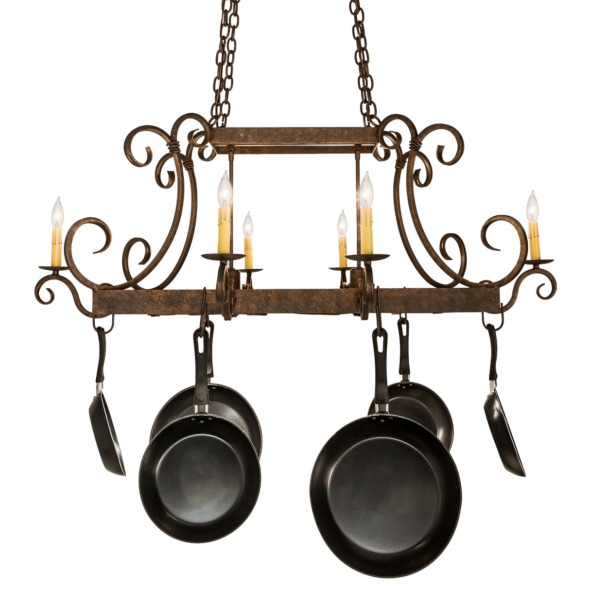 Straight front view showing symmetrical design and pans.