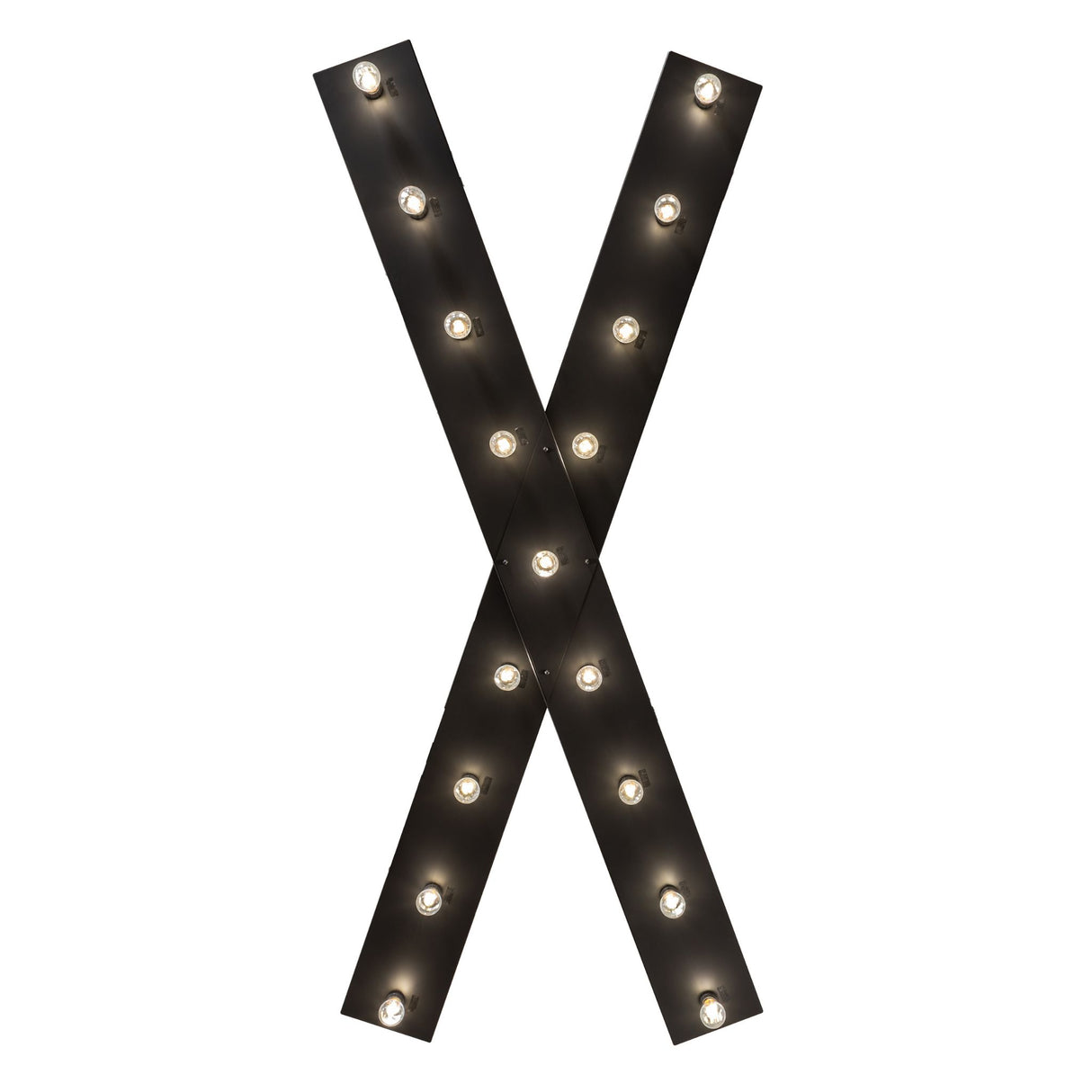 Bottom view of chandelier showing criss cross light layout with solar black finish.