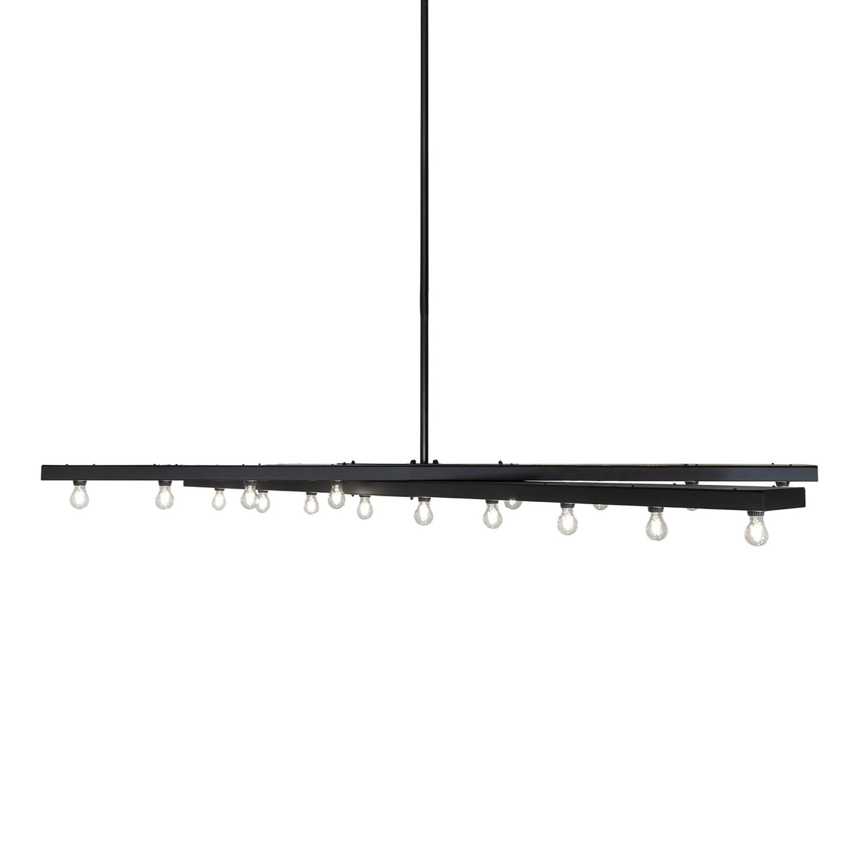 Side profile of Caldero 17 light oblong chandelier showing Edison bulbs and suspended rod.