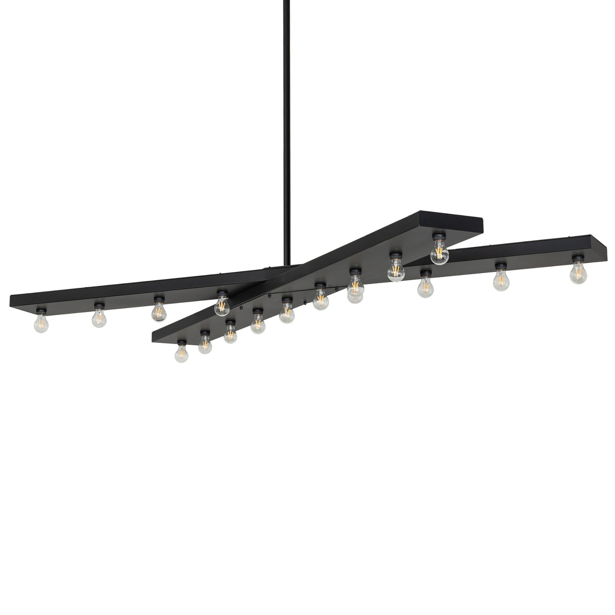 Caldero 17 light oblong chandelier showing criss cross metal frame in solar black finish.