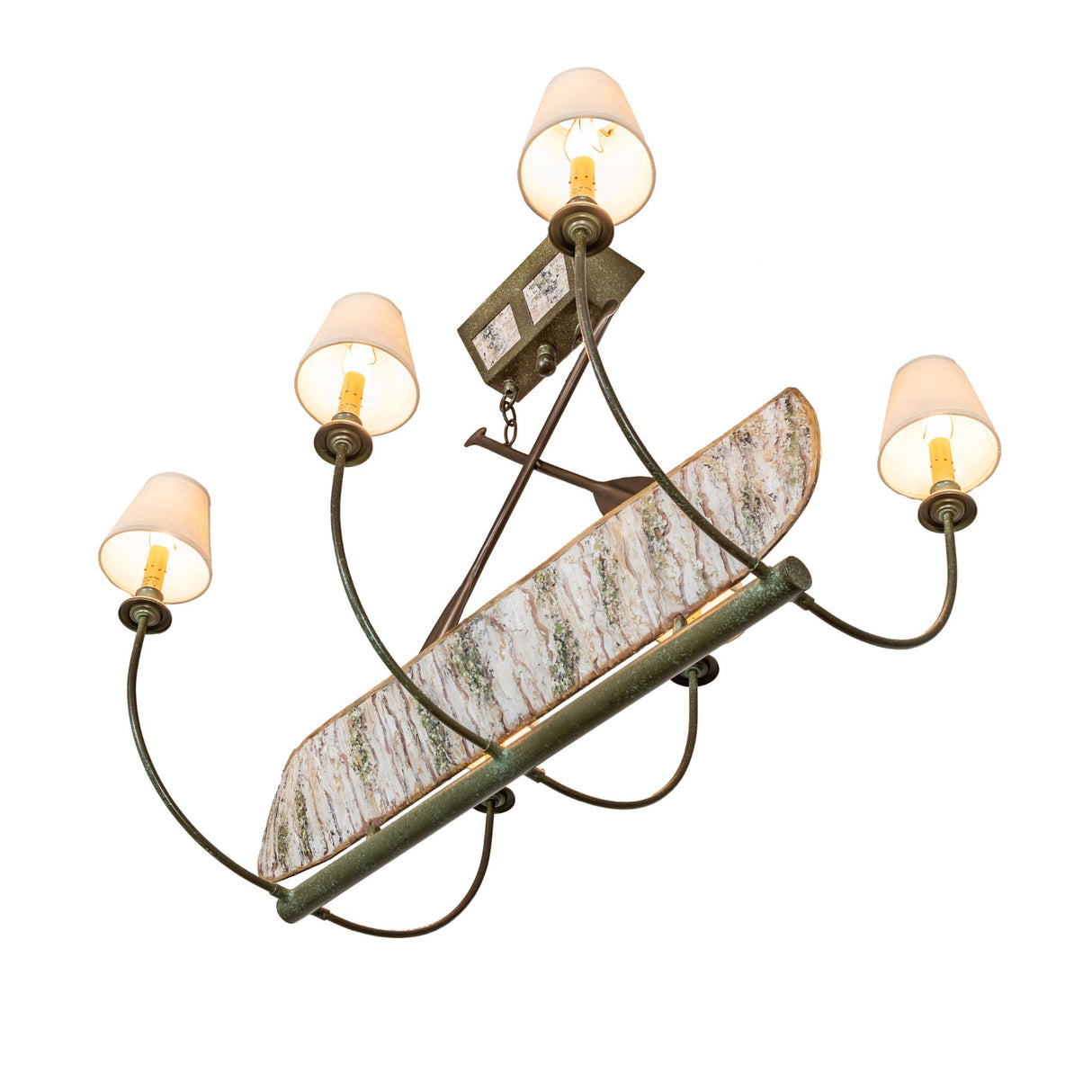 Angled view of chandelier highlighting curved arms, fabric shades, and handcrafted metalwork.