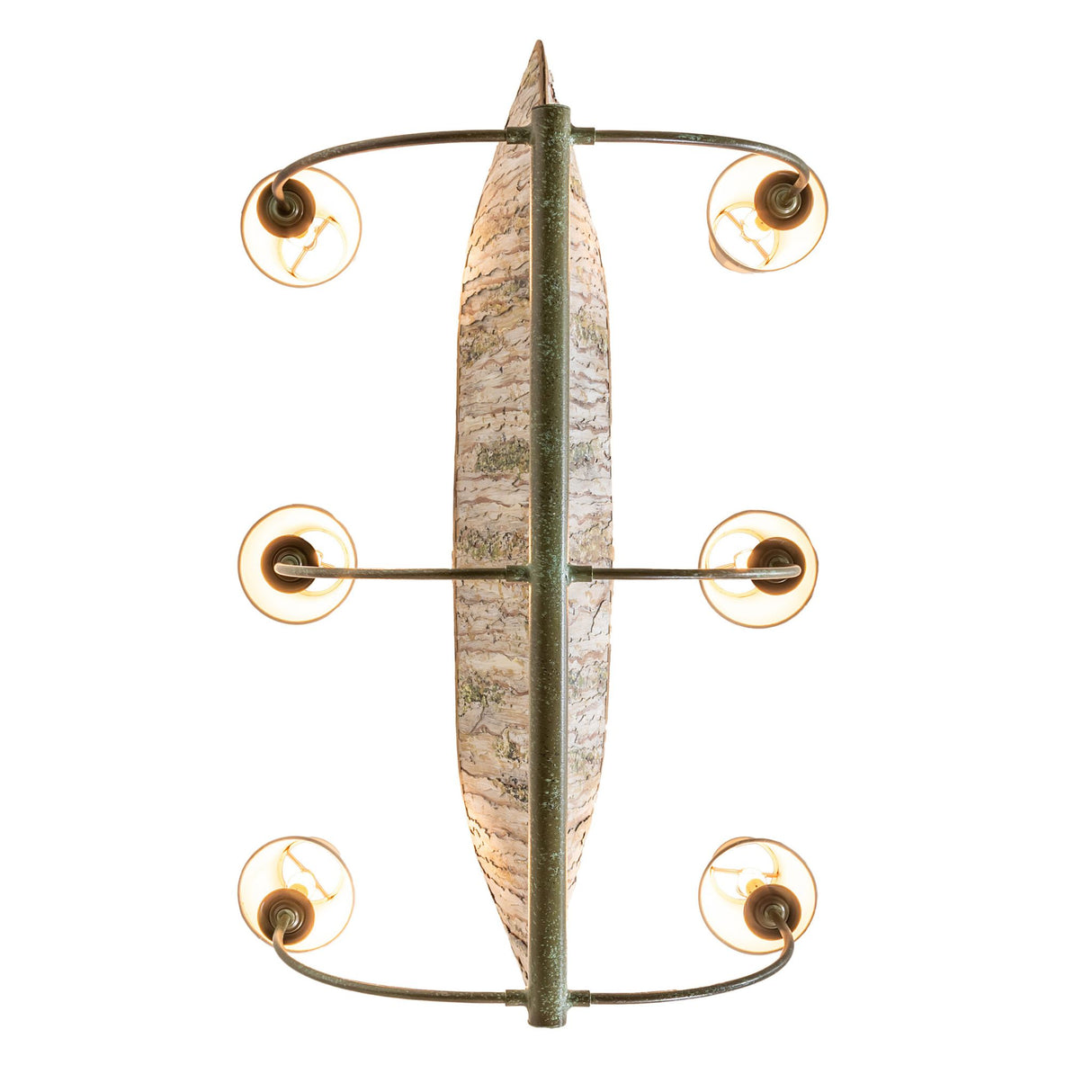 Bottom view of canoe-style chandelier showing light distribution, curved arms, and underside detailing.