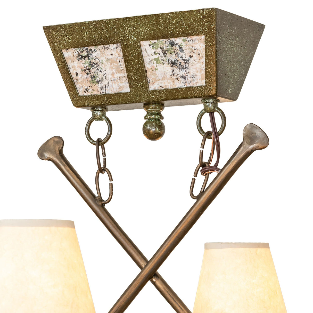 Ceiling canopy of canoe chandelier showing mounting plate, chain connection, and rustic finish.