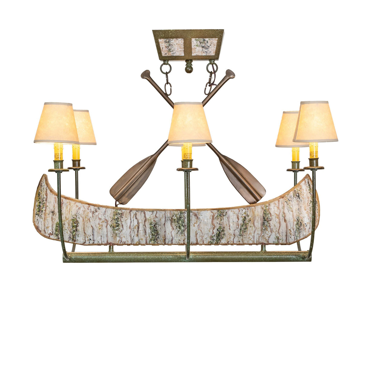 Front view of canoe chandelier emphasizing elongated canoe form and symmetrical lighting.