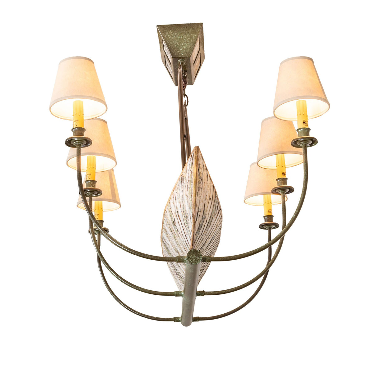 Side view of canoe chandelier highlighting depth, curved arms, and rustic tarnished copper finish.