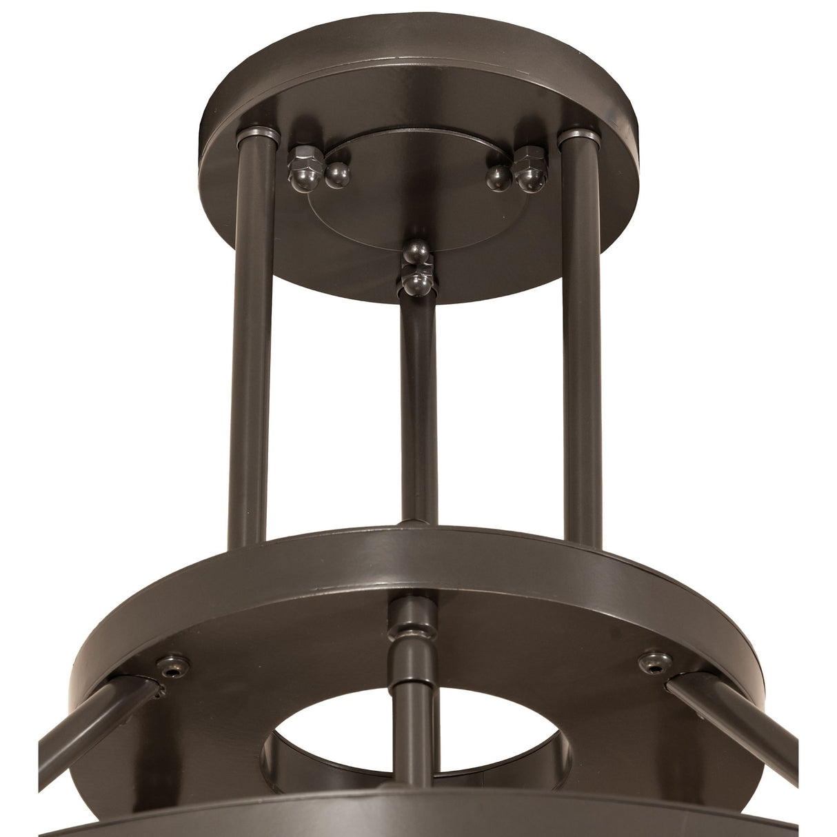 Canopy and rod mounting detail of the cartier 6 light chandelier frame.