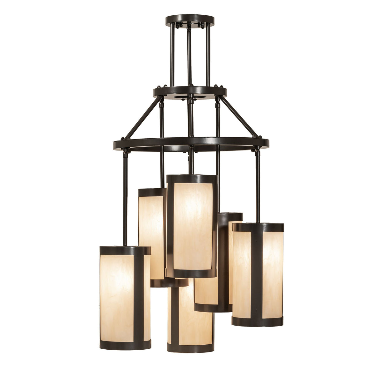 Side angle view of 6 Light Chandelier displaying layered cylinder light arrangement.