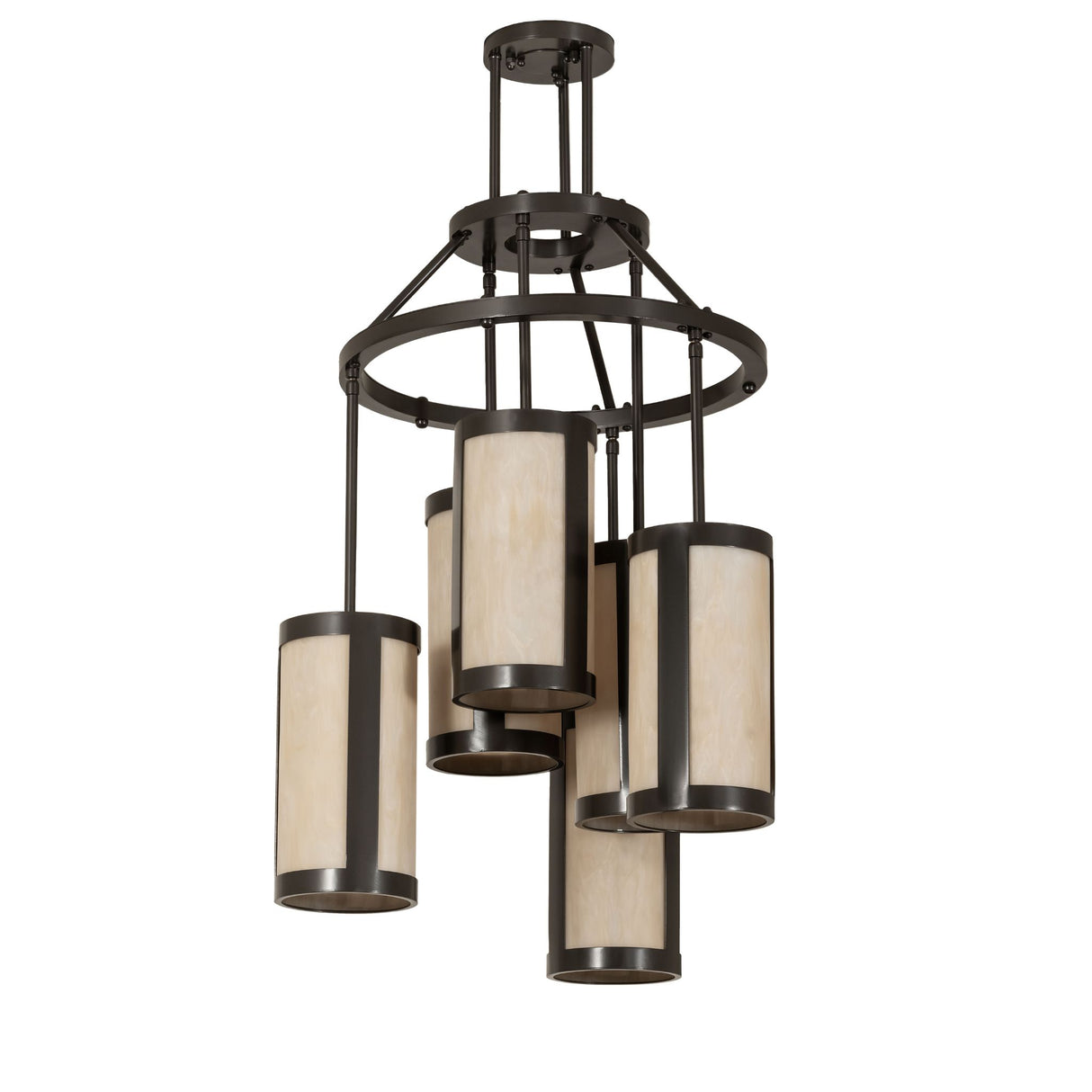 Unlit view of cartier 6 light cascading chandelier showcasing Idalight shades.
