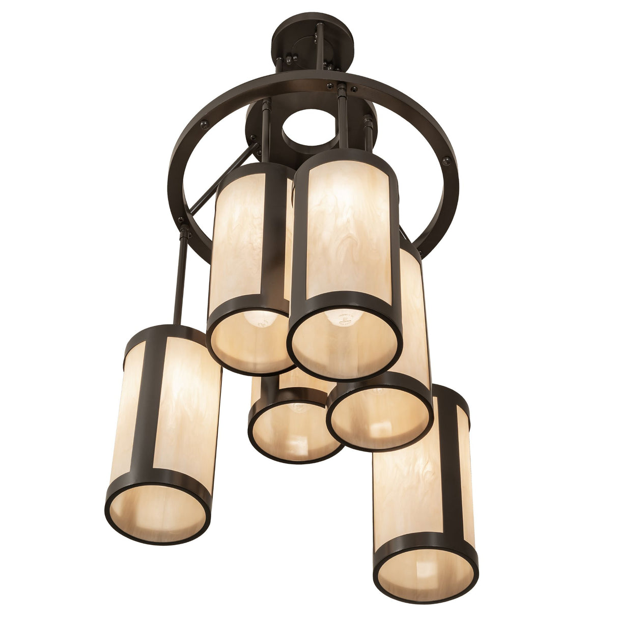 Bottom upward angle of chandelier revealing Idalight diffuser bases and bronze frame.