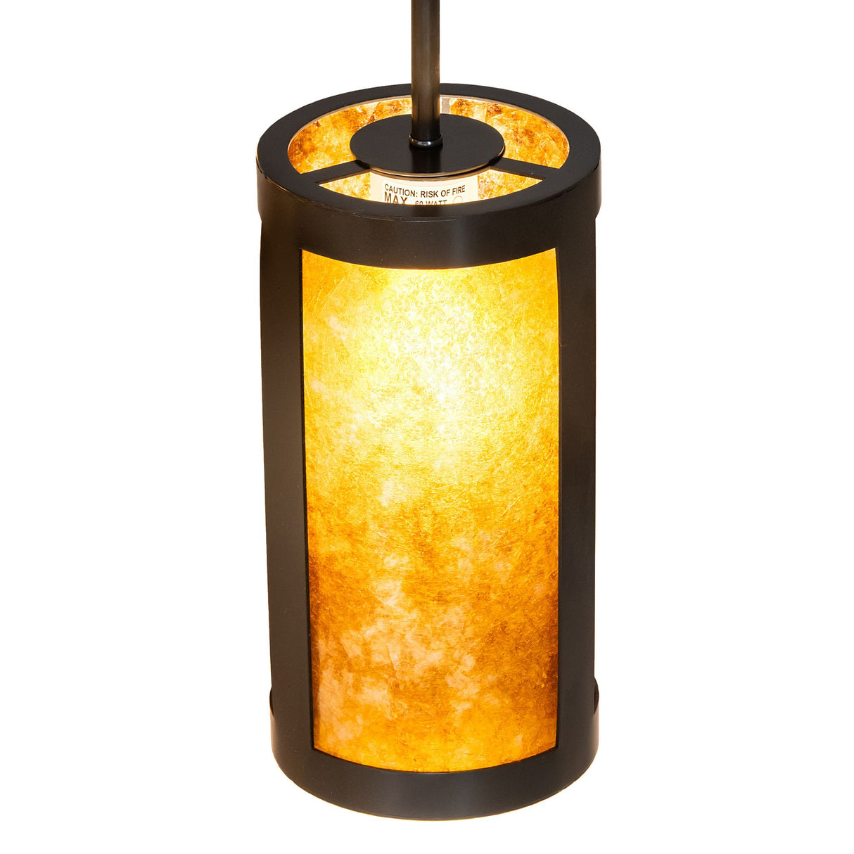 Close-up view of the Cartier chandelier’s illuminated amber mica shade.