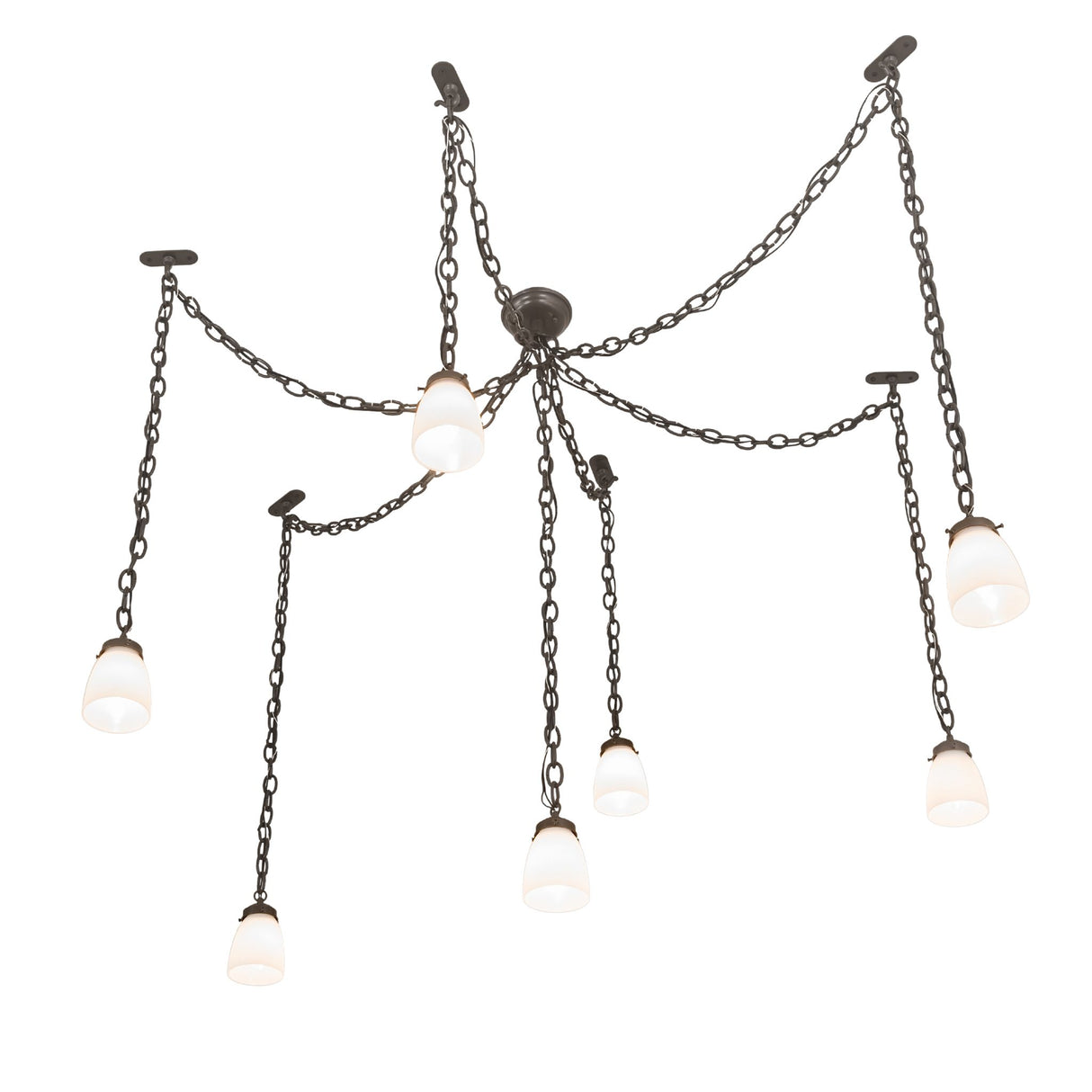 Angled top view of the Castilian 7-light adjustable pendant featuring bronze chains and opalescent glass shades.