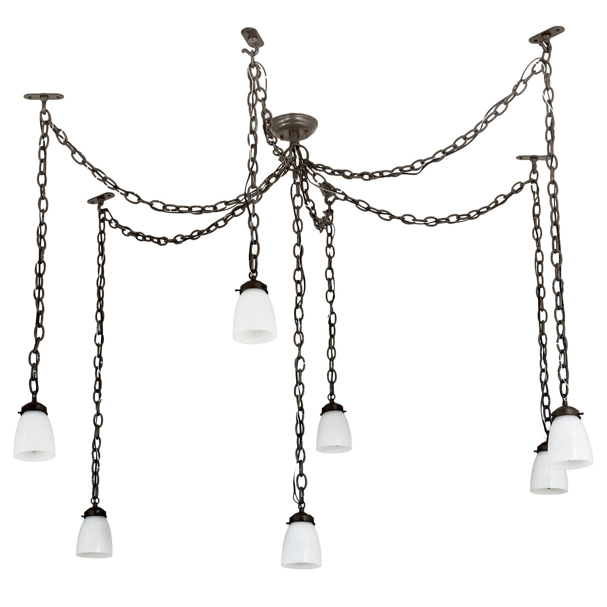 Angled perspective of the Castilian 7-light adjustable pendant, highlighting chain draping and glass shades.
