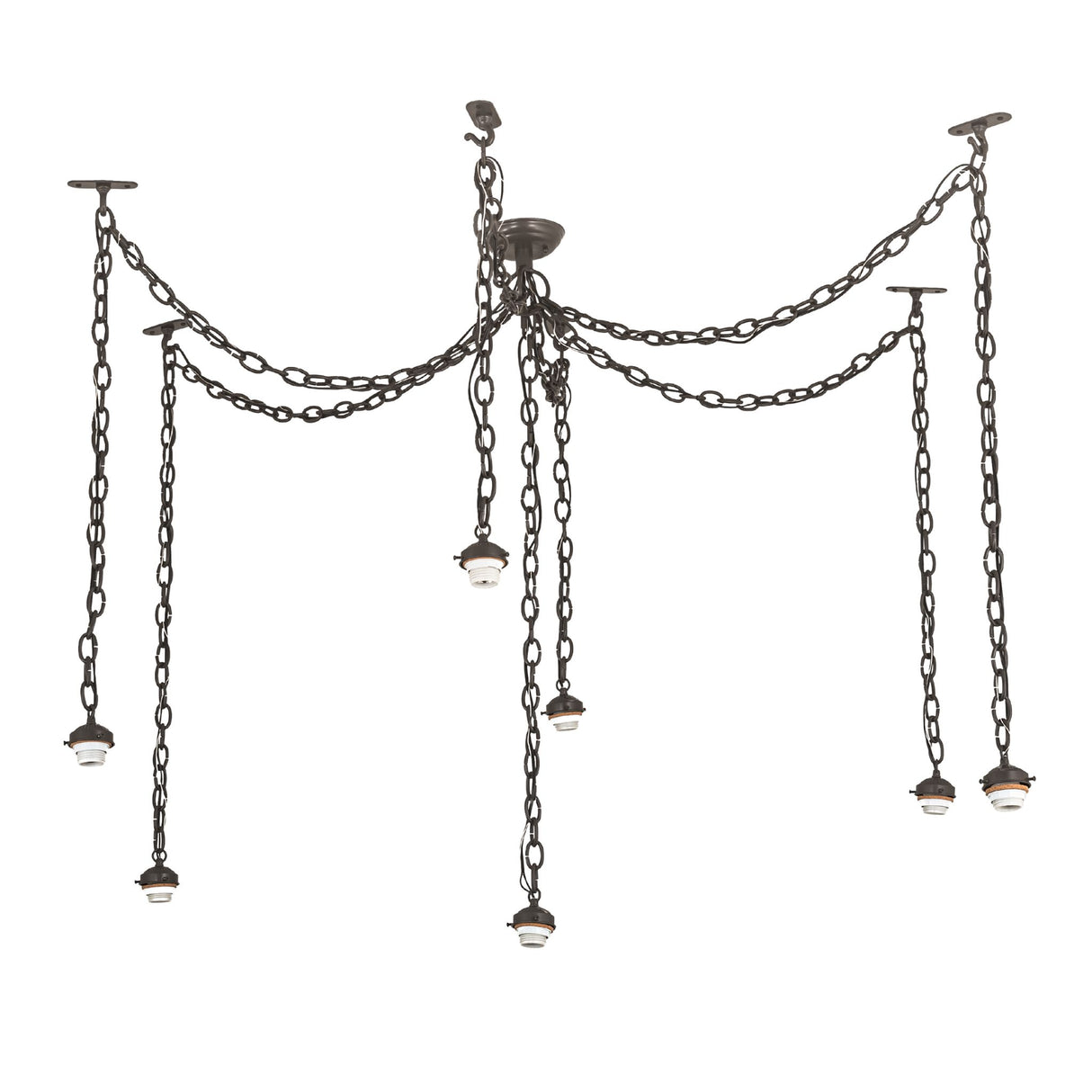 View of the Castilian 7-light adjustable pendant without bulbs, showcasing socket and chain details.