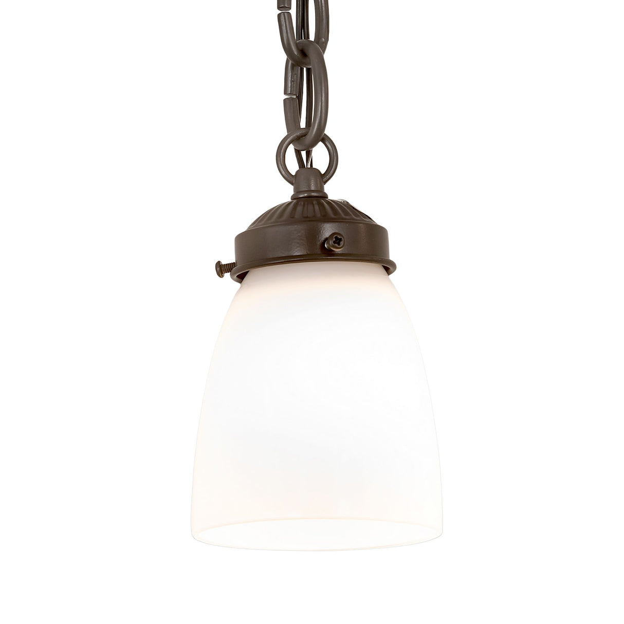 Detailed view of the white opalescent glass shade on the Castilian 7-light adjustable pendant.