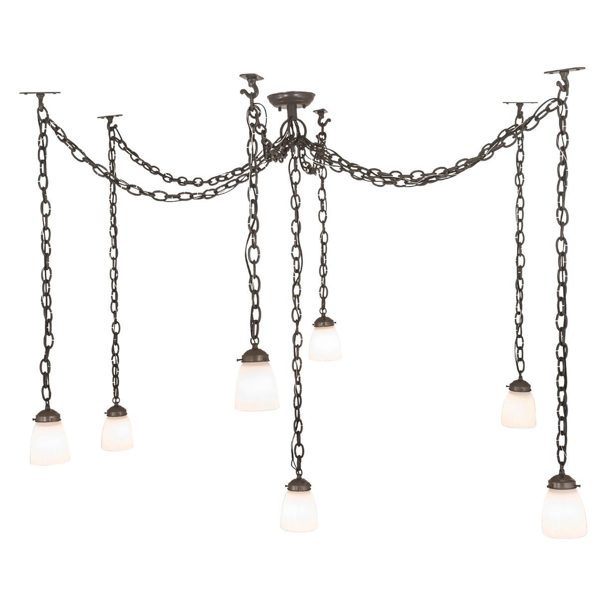 Side perspective of the Castilian 7-light adjustable pendant, emphasizing its elegant chain design.