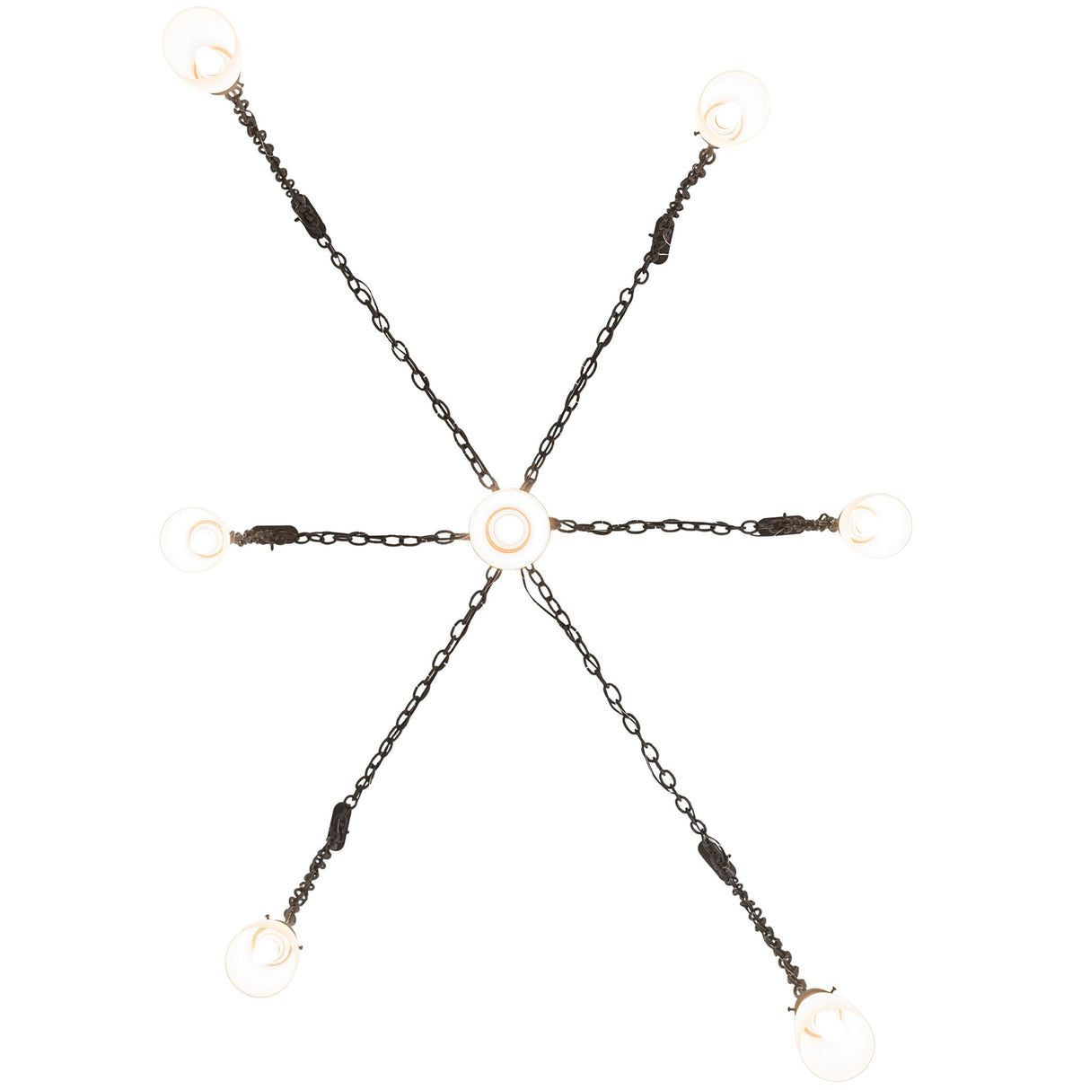 Top-down view of the Castilian 7-light adjustable pendant with bronze chains radiating from the central hub.