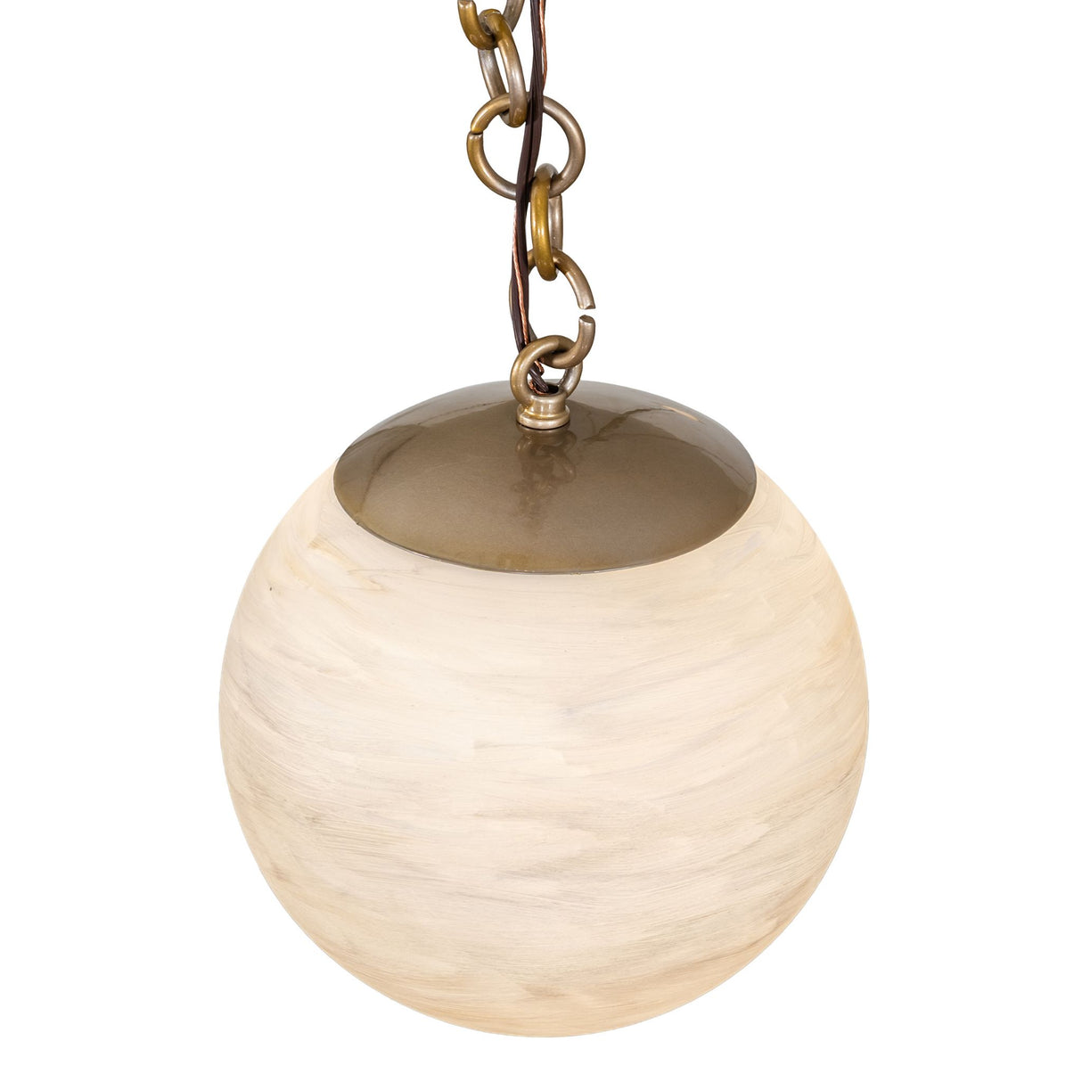 Top angle view of alabaster glass globe on Castiliolite Bola chandelier.