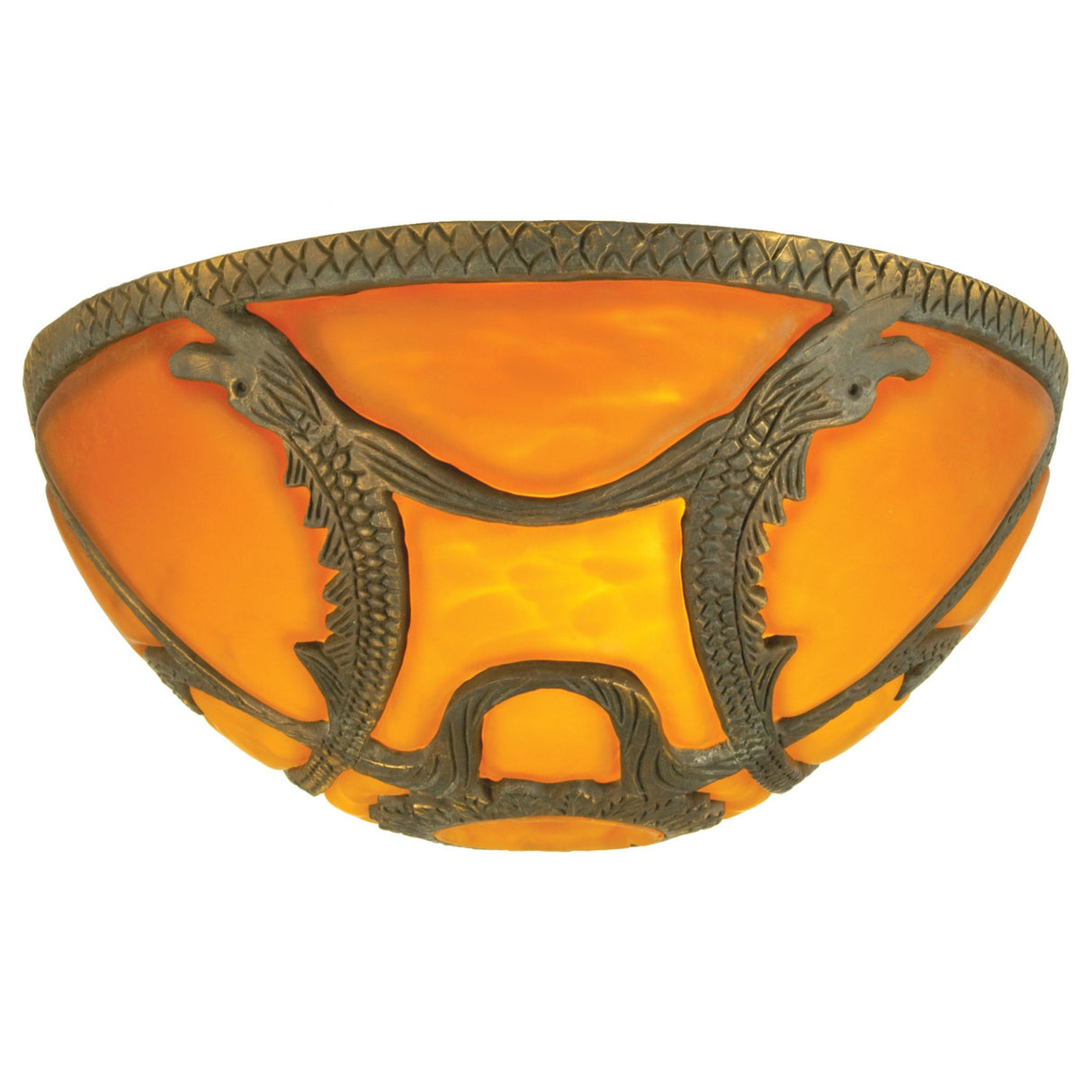 Castle Dome Shade with an amber glass finish featuring intricate metal dragon detailing.