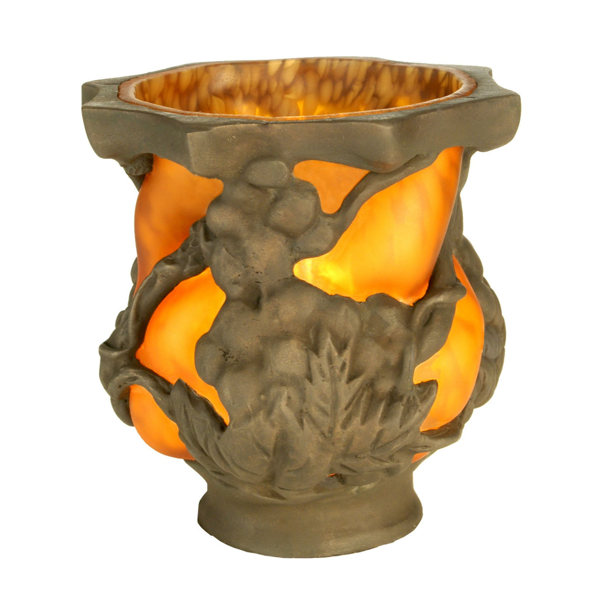 4.25" wide Castle Grape Shade with intricate grapevine design and warm amber glow.