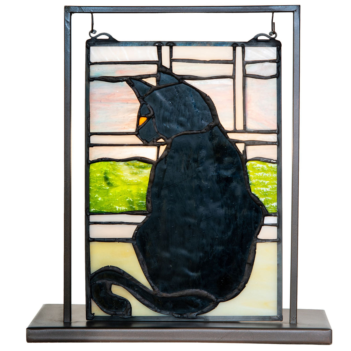 front view of cat in window lighted mini tabletop window with stained glass design.