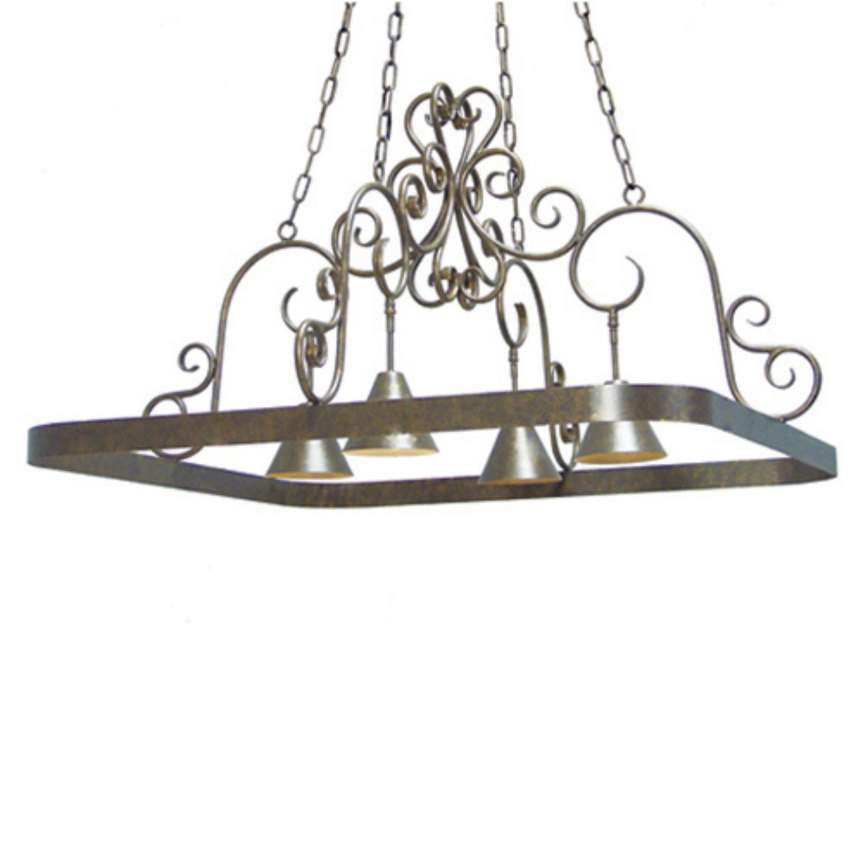 Angled view of Celeste 4-light pot rack chandelier with scroll design.