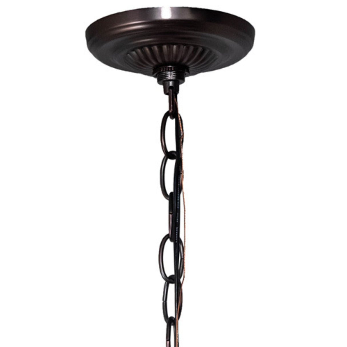 Close-up of the chandelier canopy with chain in a bronze finish.