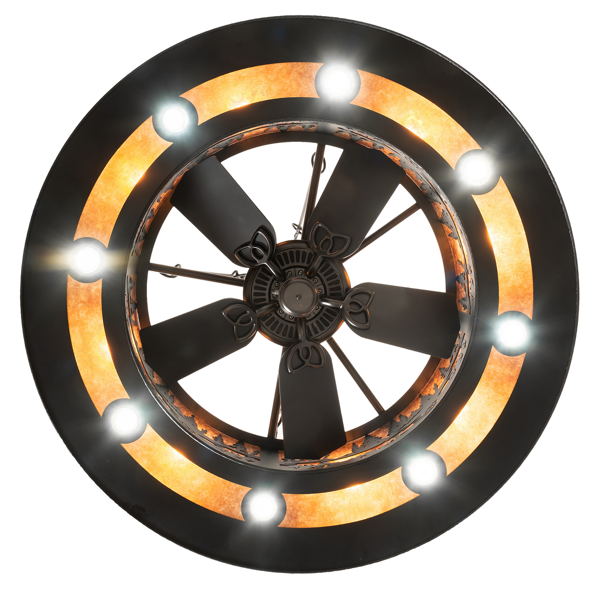 Bottom view revealing fan blades and integrated circular LED downlights.