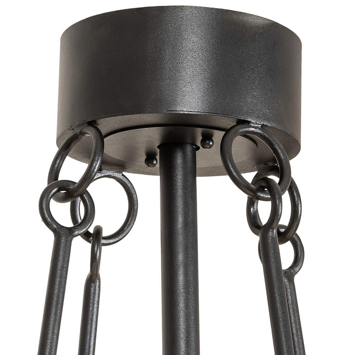 Canopy close-up showing circular ceiling mount with iron ring chains.