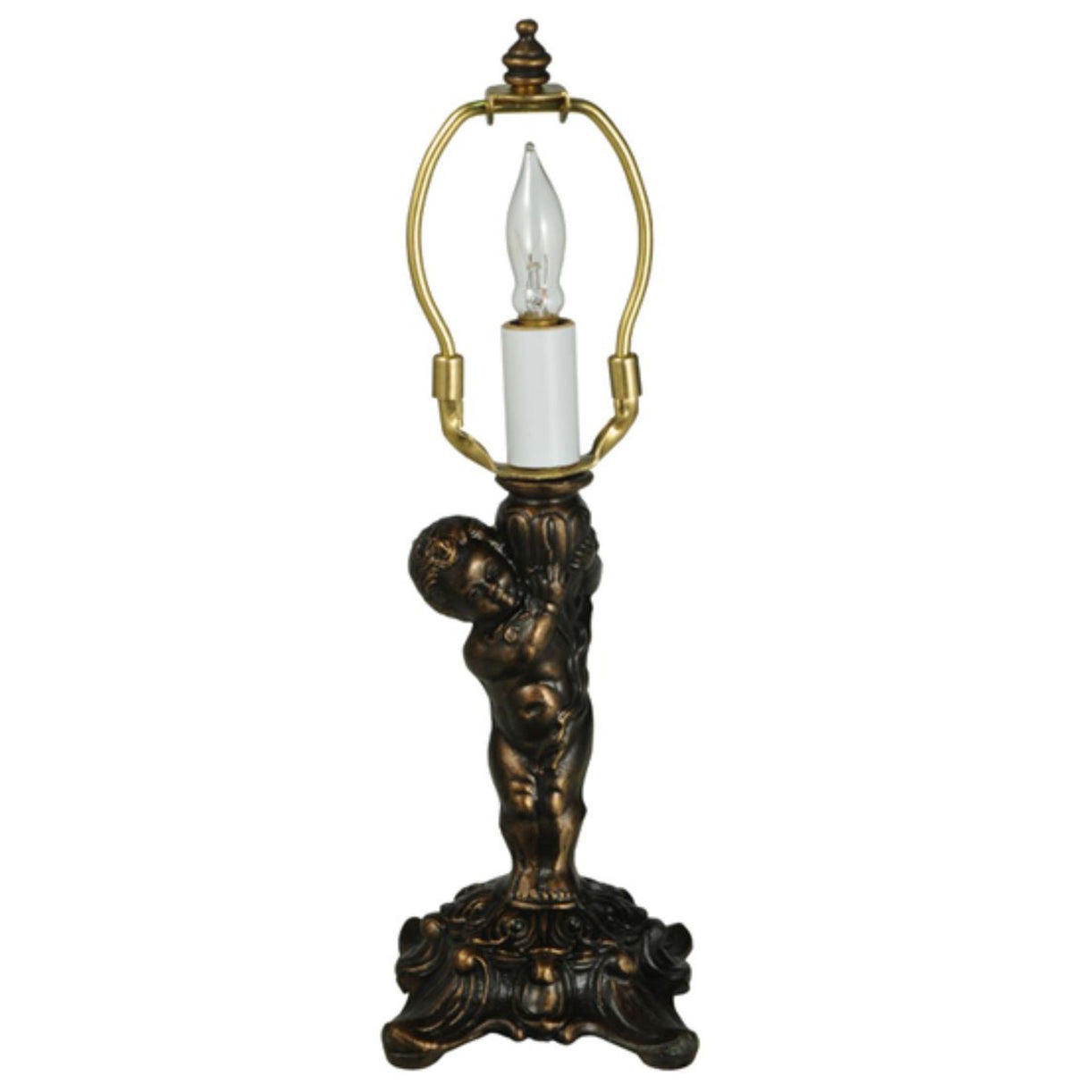 Front view of antique brass cherub lamp base.