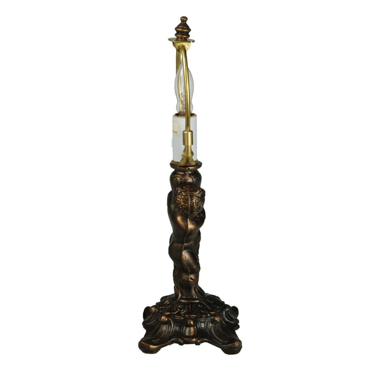 Side view of cherub base in antique brass finish.