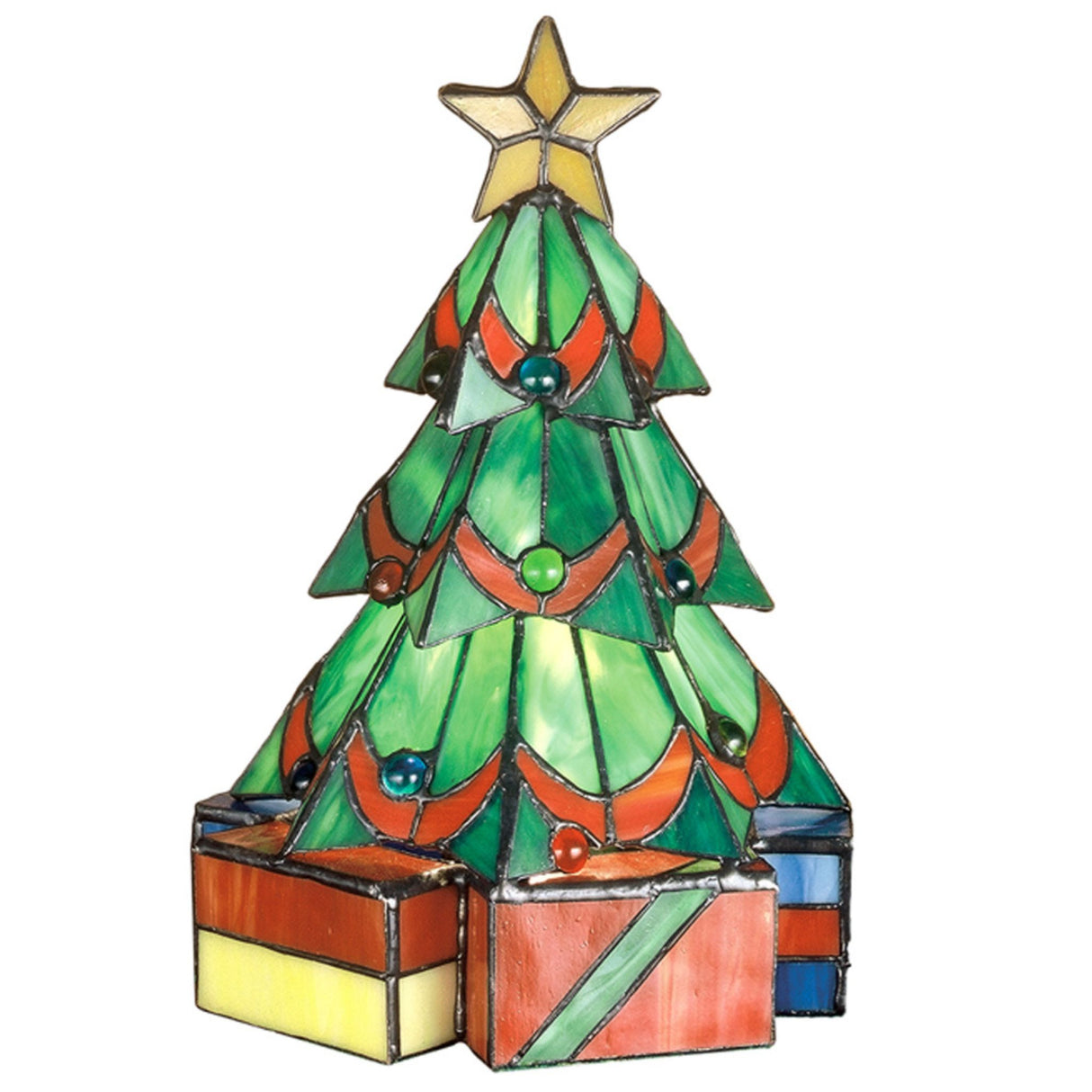 Festive stained glass Christmas Tree accent lamp with colorful jewel decorations.