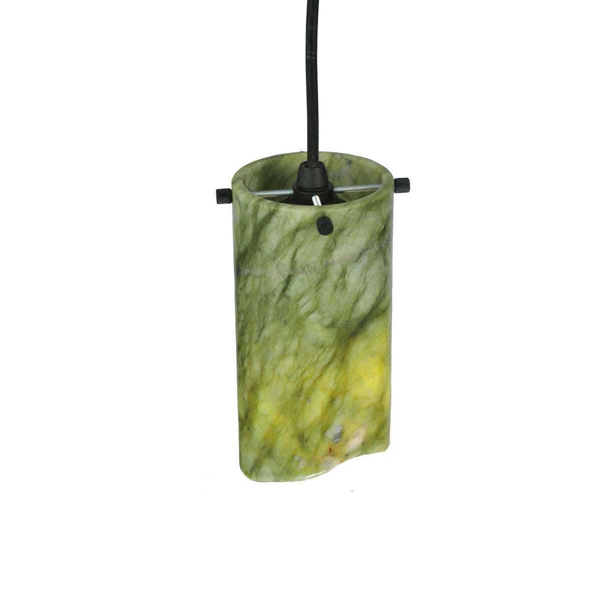 Profile view of Cilindro Jadestone Mini Pendant hanging from a black ceiling fixture.