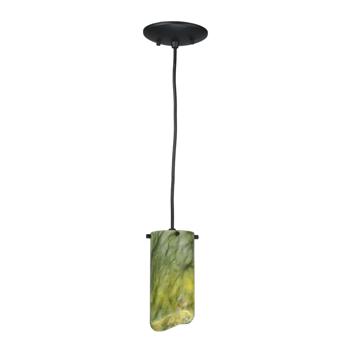 Side view of Cilindro Jadestone Mini Pendant with unique marble patterns in green and beige.