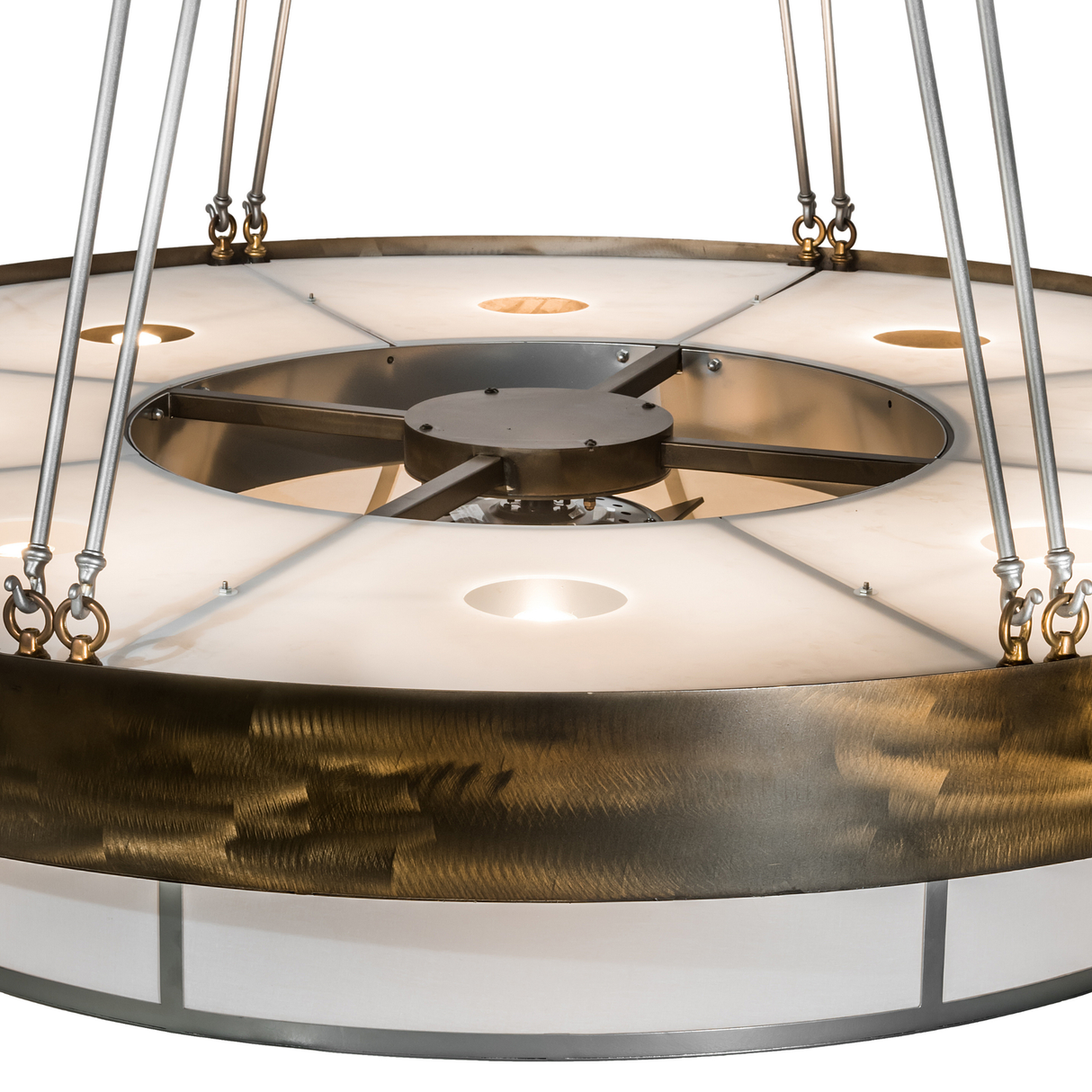 Detail of Cilindro Ventura Chandel-Air upper frame showing steel rods and polished support connections.