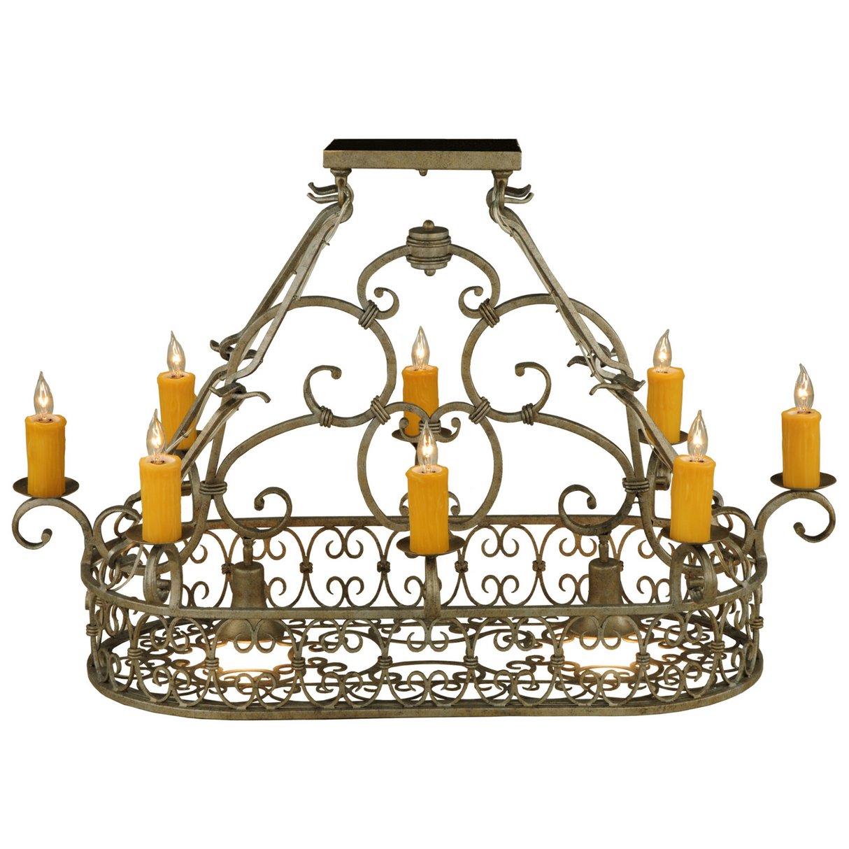 Close-up front view of Cira chandelier lit, showing candles and scroll frame.