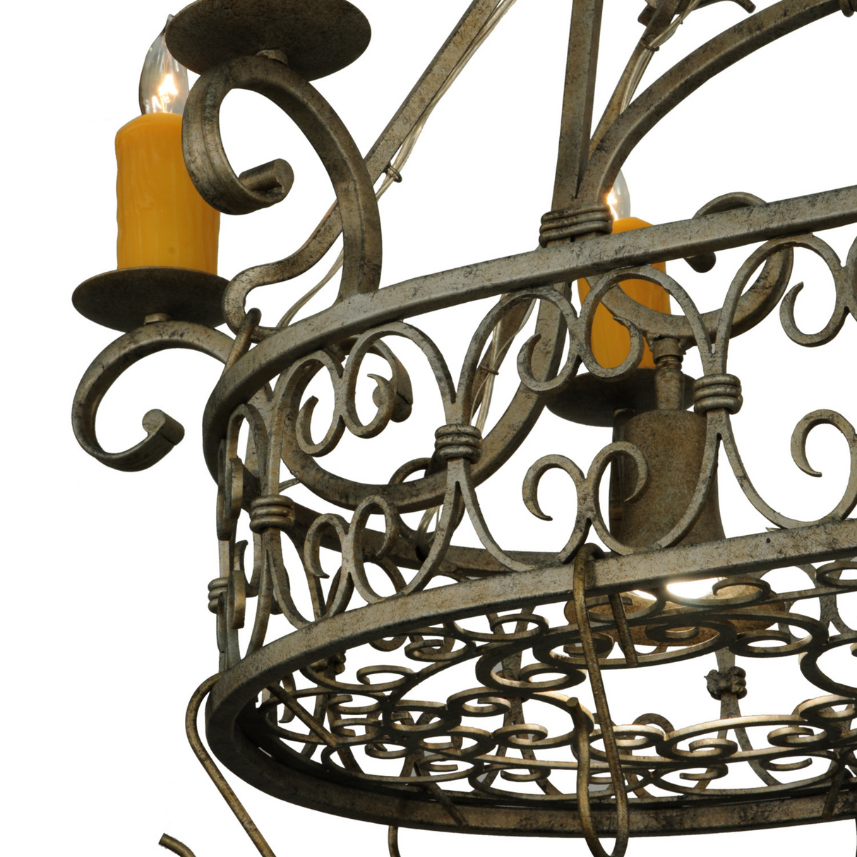 Intricate hand-forged scrollwork detail on Cira pot rack chandelier frame.