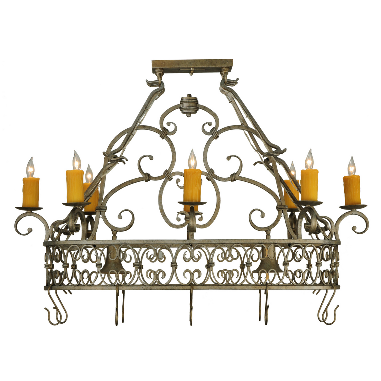 Side angle view of Cira chandelier highlighting scrollwork and candlelights.