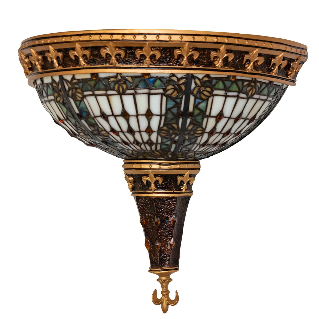 Classic Fleur-de-lis wall sconce with intricate stained glass and textured bronze finish.