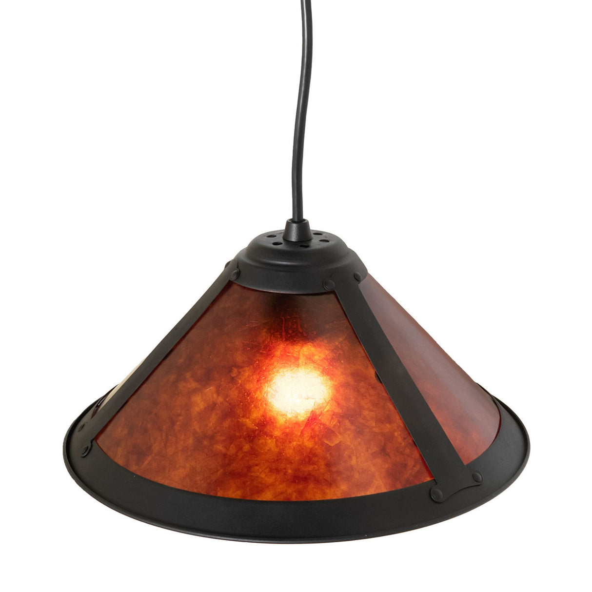 Close-up of a 12" wide Sutter pendant showcasing its amber mica panels and black frame.