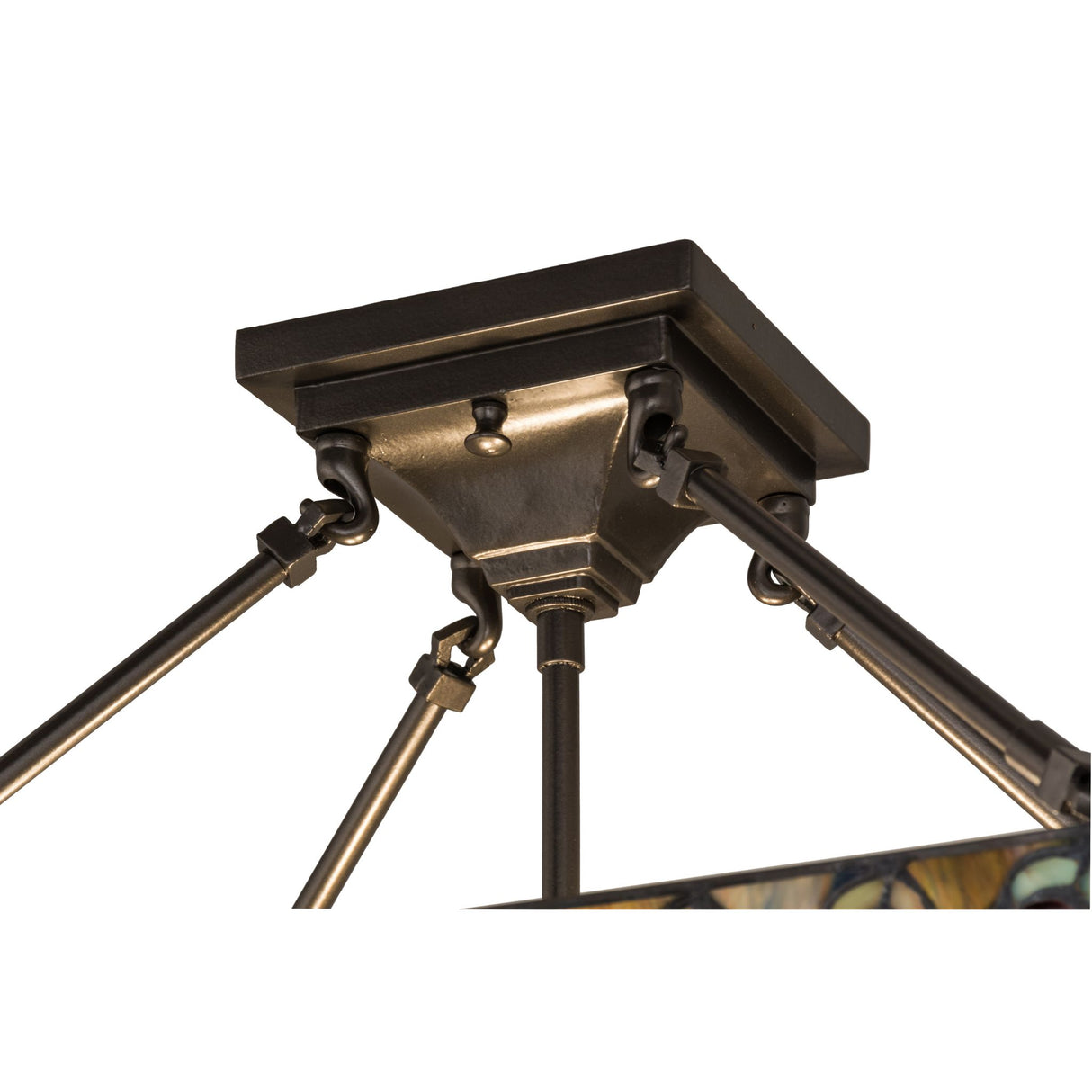 Close-up of bronze semi-flushmount hardware with sturdy adjustable rods.