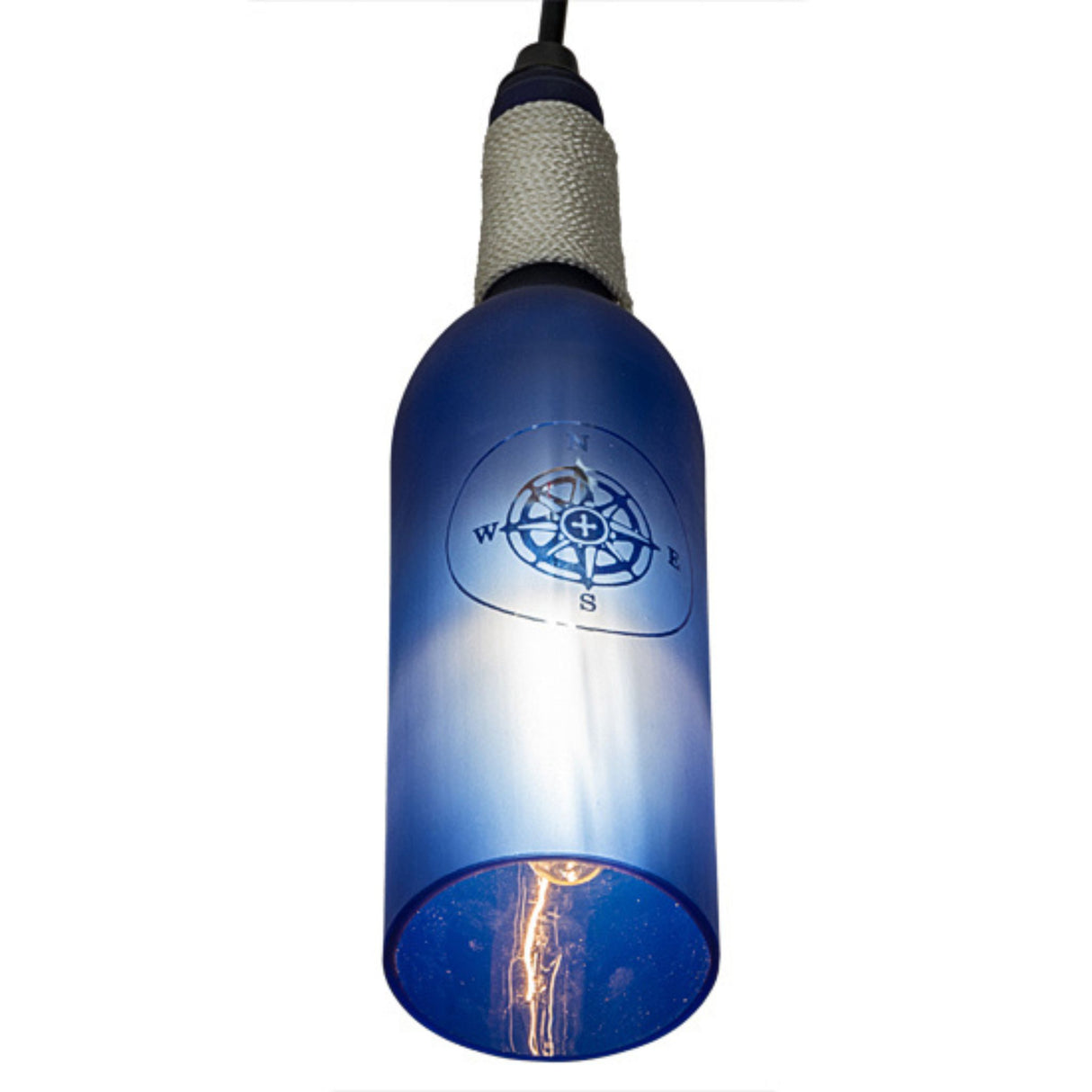 Close-up of compass wine bottle pendant.
